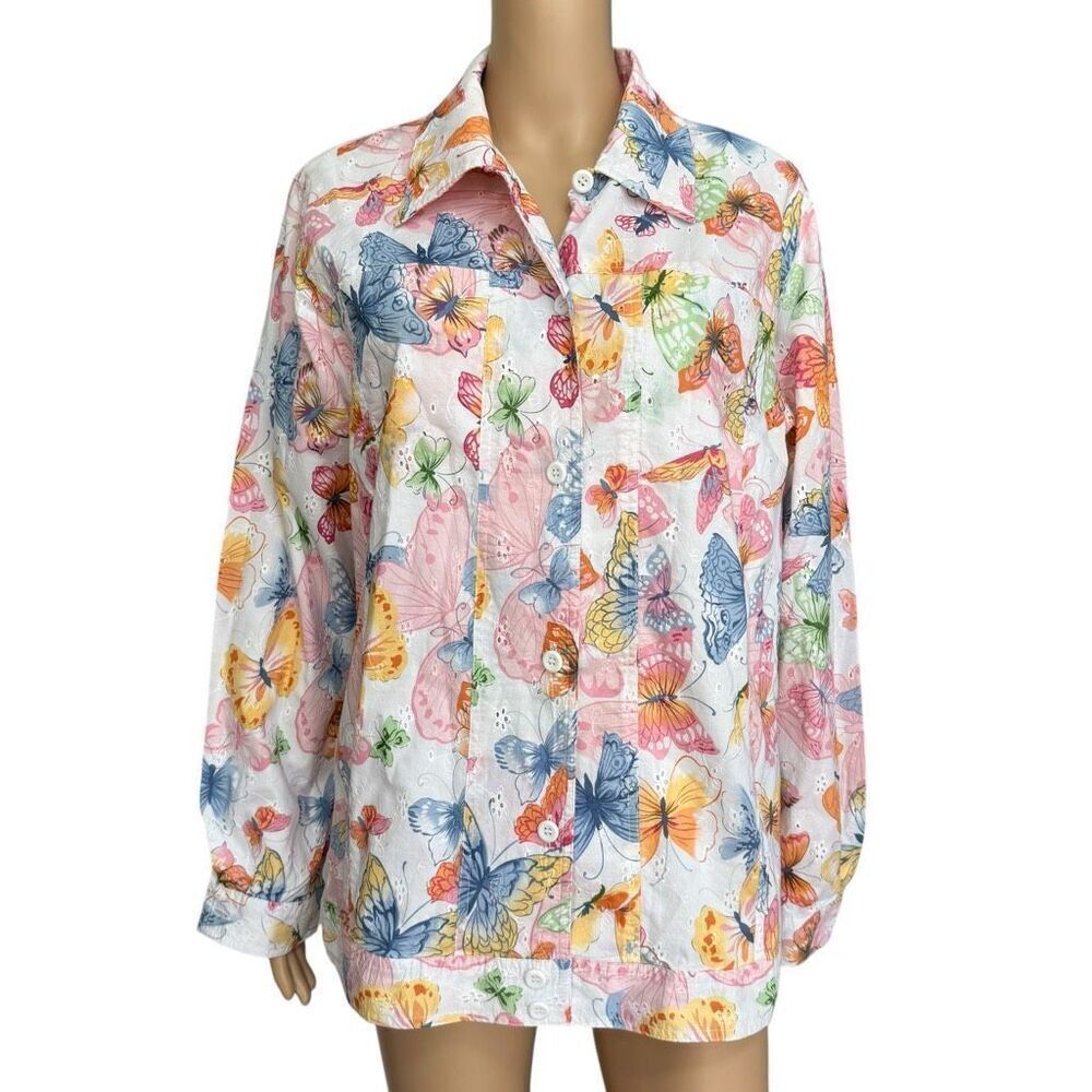 Alfred Dunner 100%cotton Butterfly Floral Eyelet Lightweight Jacket size 18W